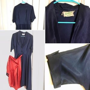 1950/60’s vintage deep blue dress w/red lined skirt. Joan Doris Fashion by Rona
